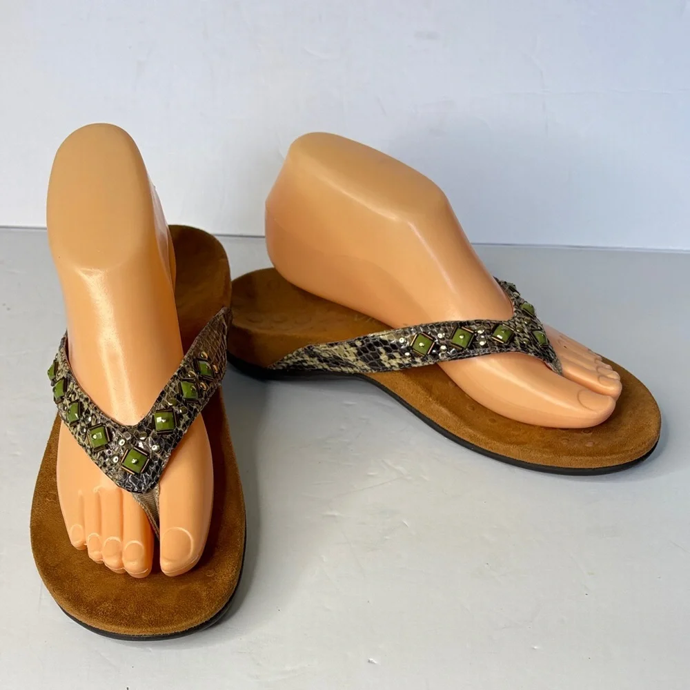 Vionic Floriana Bead Reptile and Embellished Thong Olive Sandals